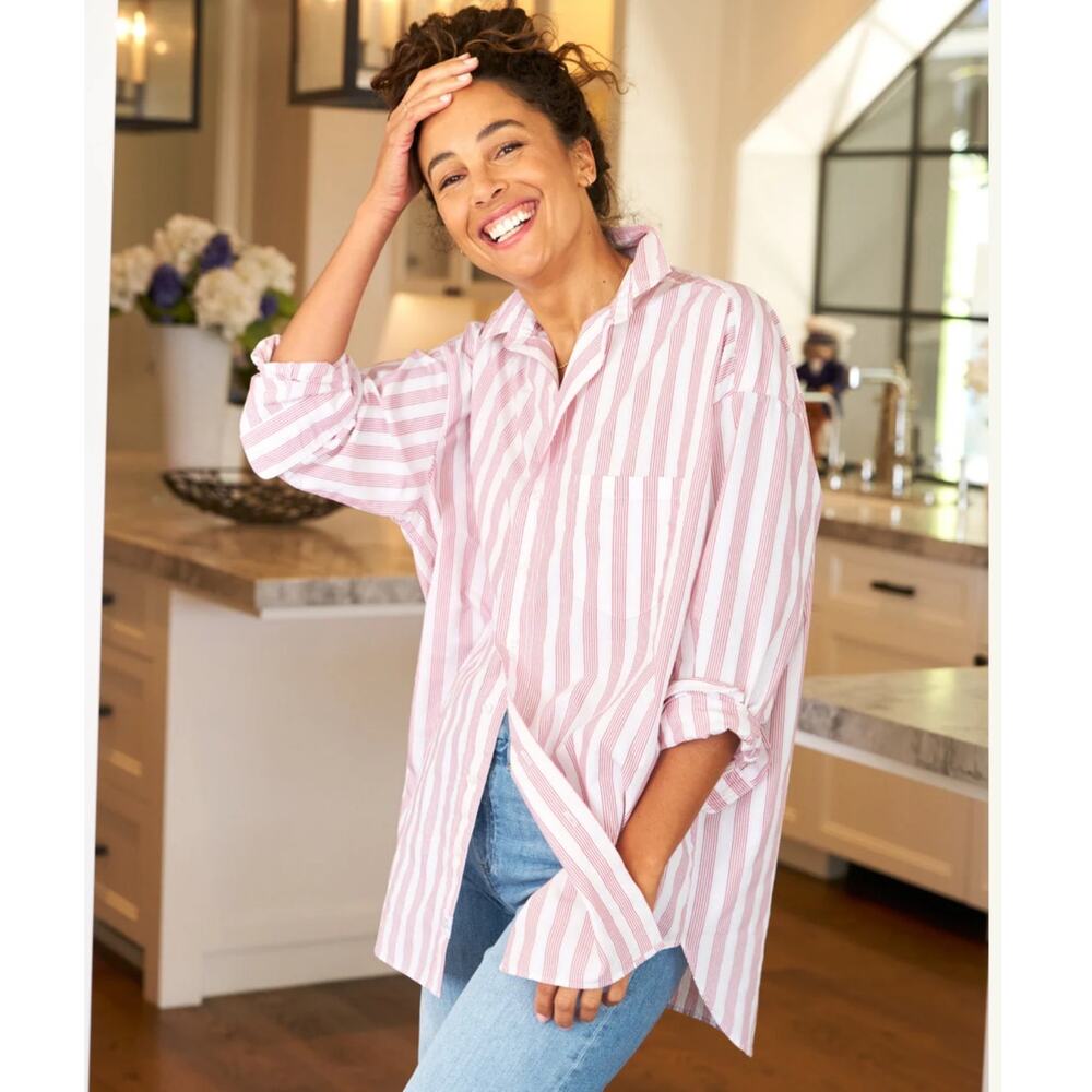 Frank & Eileen Shirley Oversized Button Up Italian Cotton Red Stripe Size Medium
